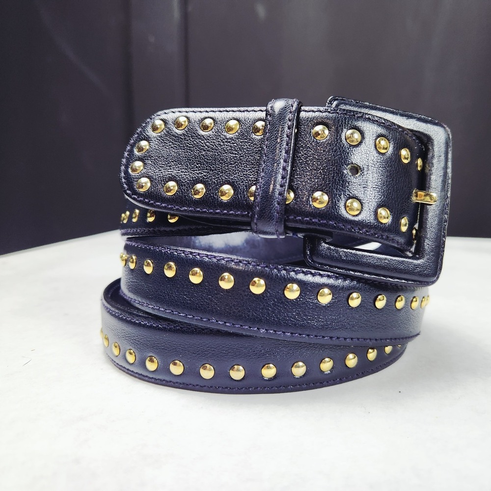 Vtg Valentino Garavani Split Strap Studded Leather Waist Cinch Belt Navy Sz 80
